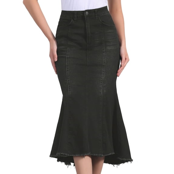DARING DIVA Women's Raw Hem Fishtail Midi Skirt with Pockets XS Black