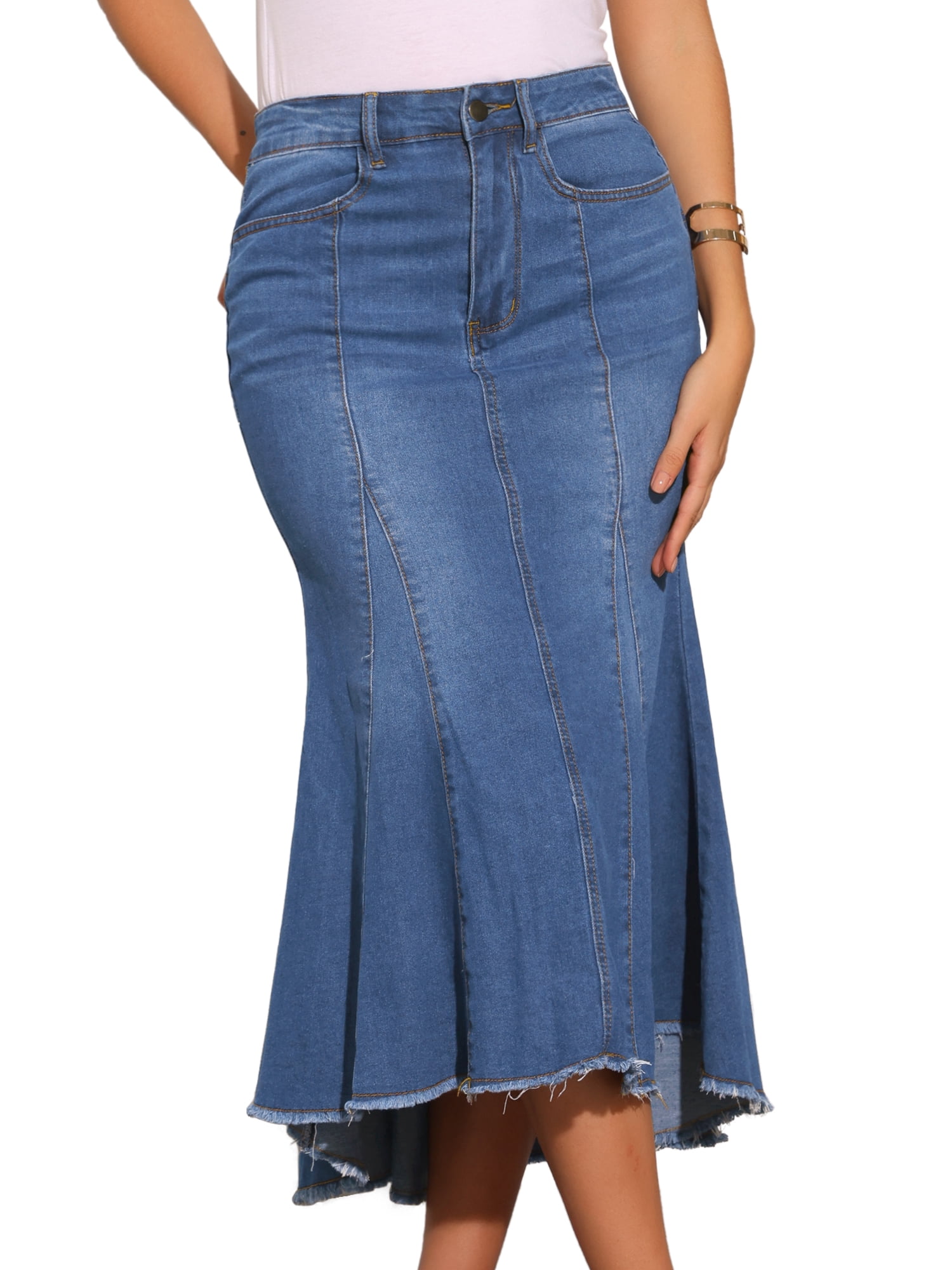 DARING DIVA Women's Raw Hem Fishtail Midi Skirt with Pockets XS Medium Blue