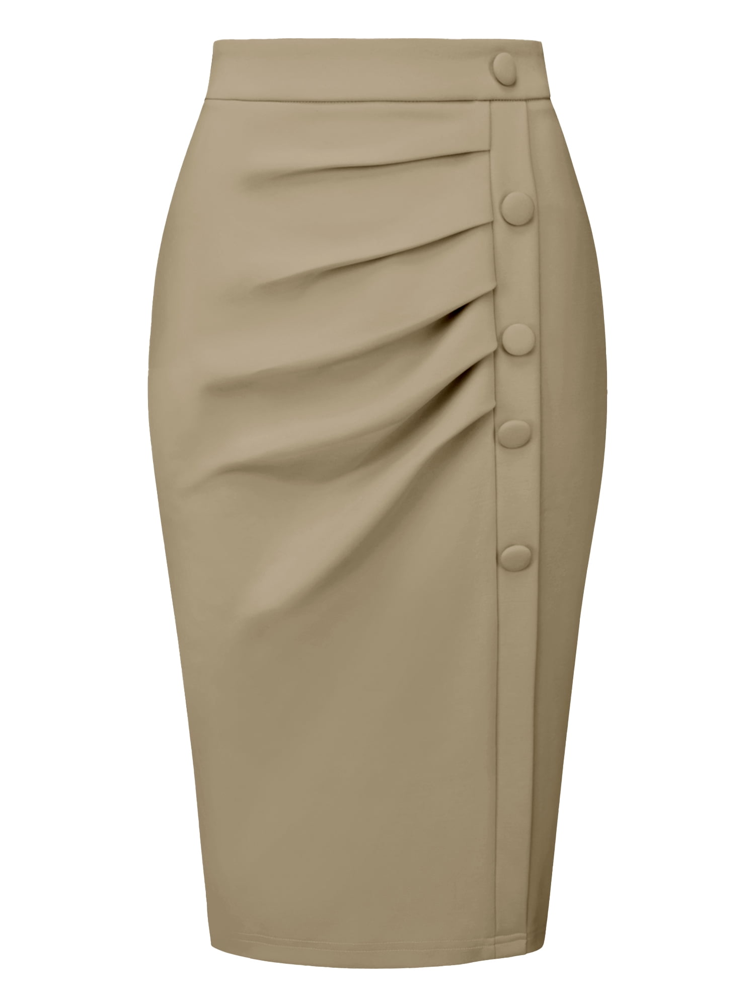 DARING DIVA Women's High Waist Ruched Bodycon  Leisure Midi Pencil Skirt L Khaki