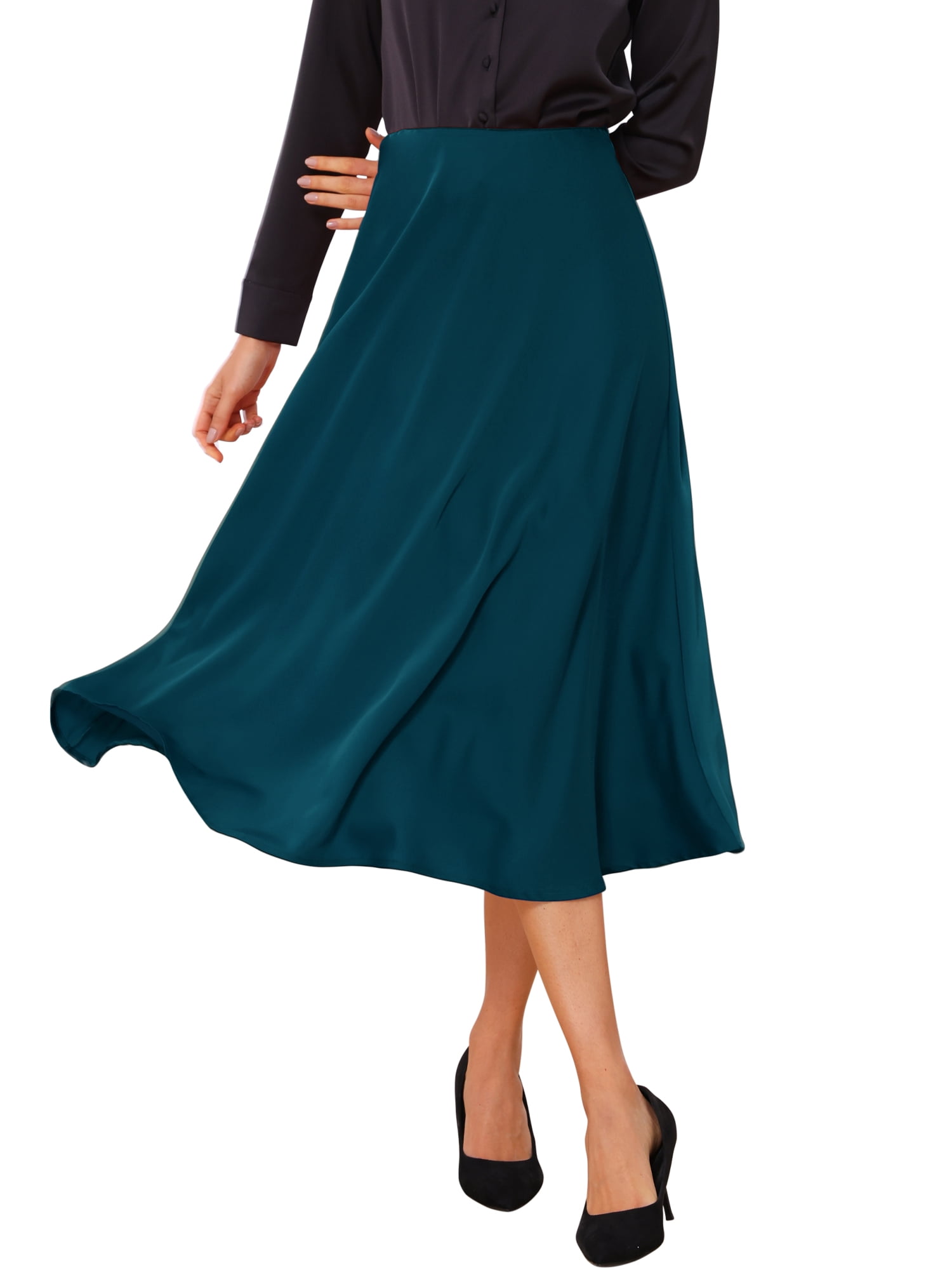 DARING DIVA Women's High Waist Satin Flared A Line Midi Skirts S Lake Blue