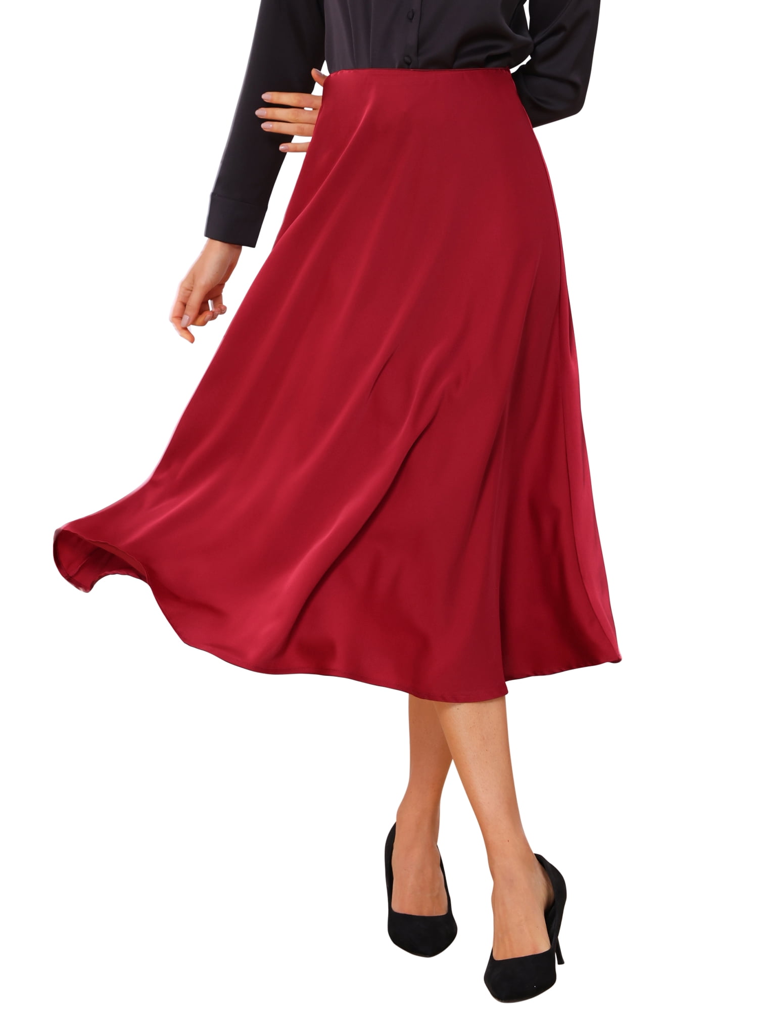 DARING DIVA Women's High Waist Satin Flared A Line Midi Skirts XS Red