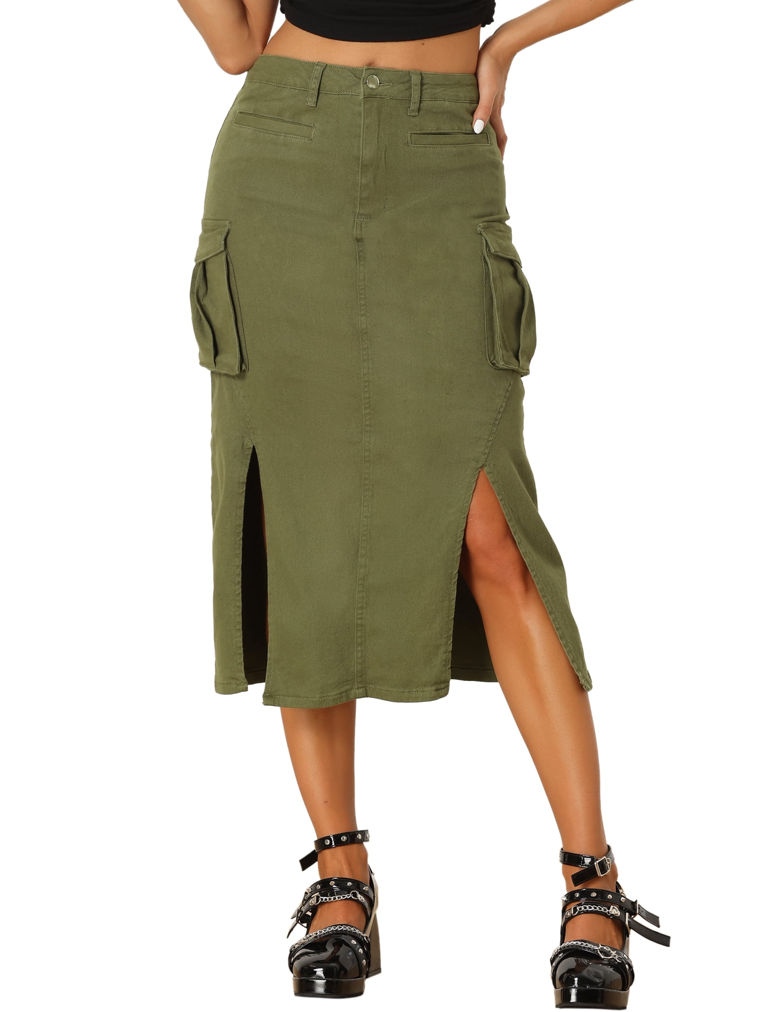 DARING DIVA Women's High Waist Split Hem Midi Denim Cargo Skirt XL Army Green