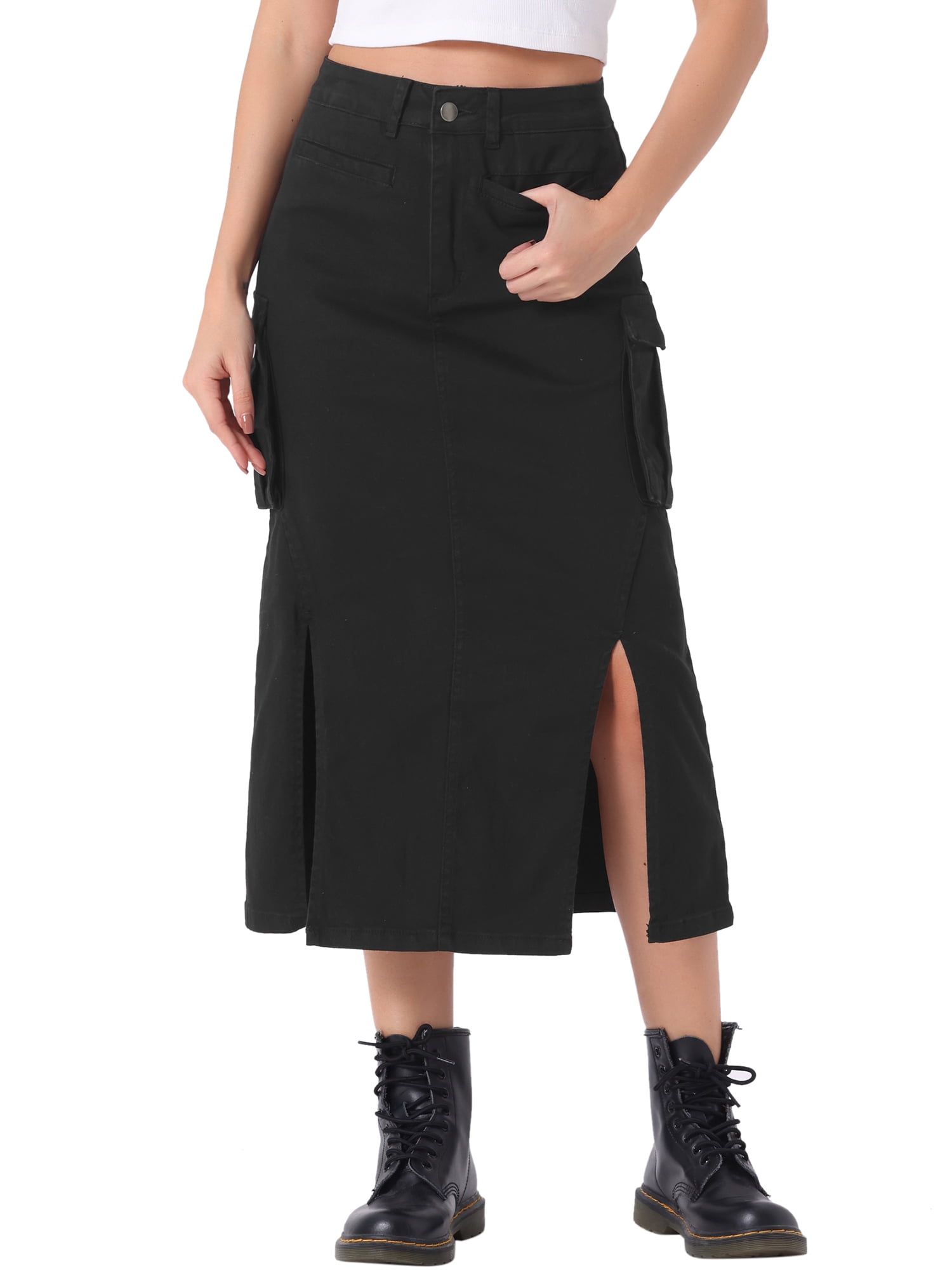 DARING DIVA Women's High Waist Split Hem Midi Denim Cargo Skirt XL Black
