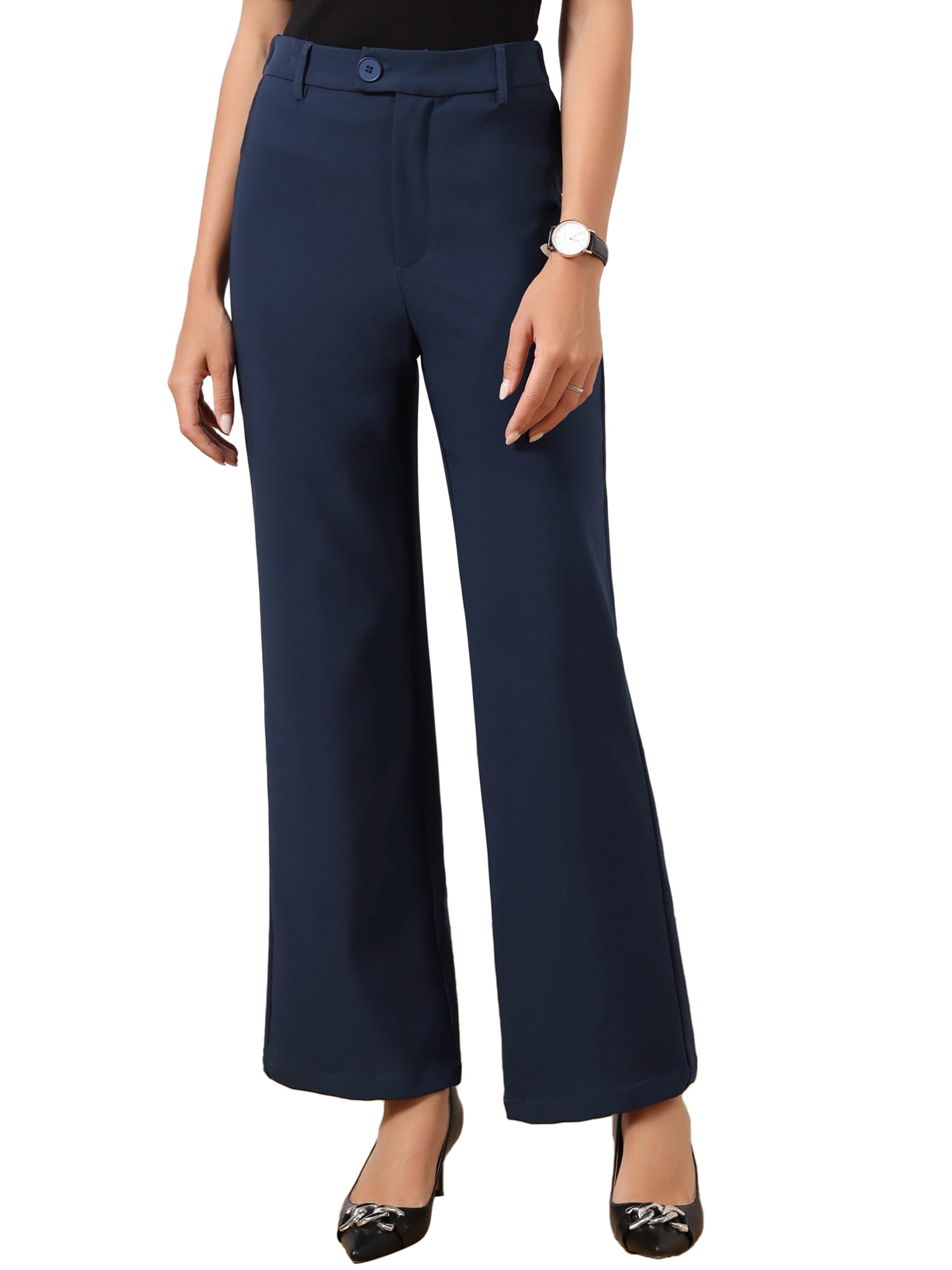 DARING DIVA Women's High Waist Straight Leg Slacks Trousers Medium Dark Blue