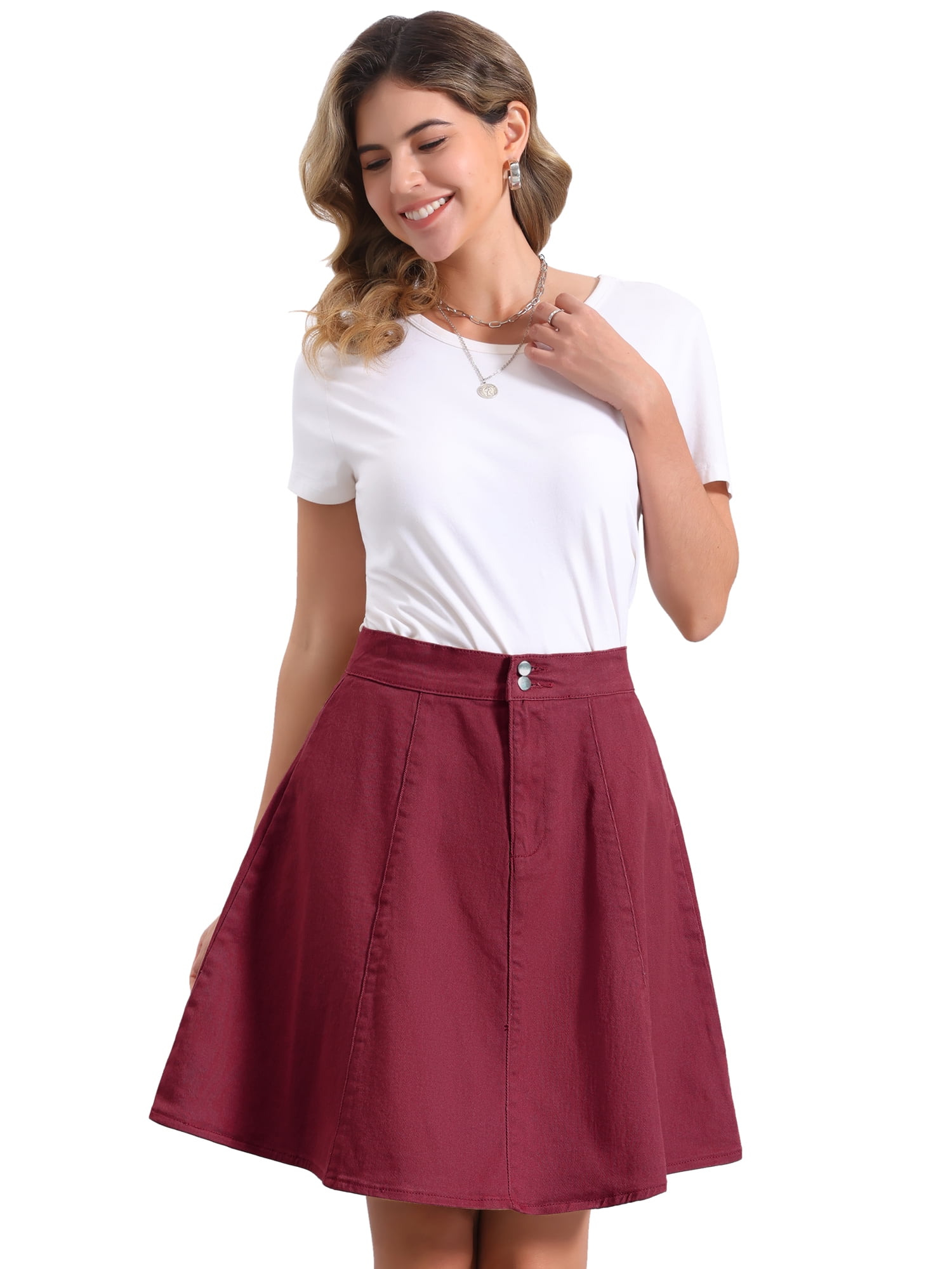 DARING DIVA Women's High Waist Stretch Knee Length Flared Jean Skirts M Dark Red