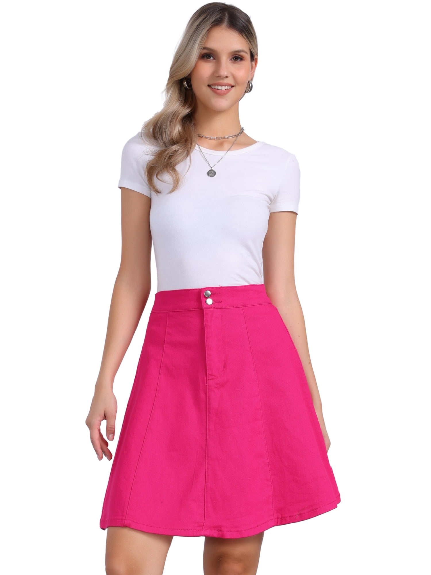 DARING DIVA Women's High Waist Stretch Knee Length Flared Jean Skirts M Hot Pink