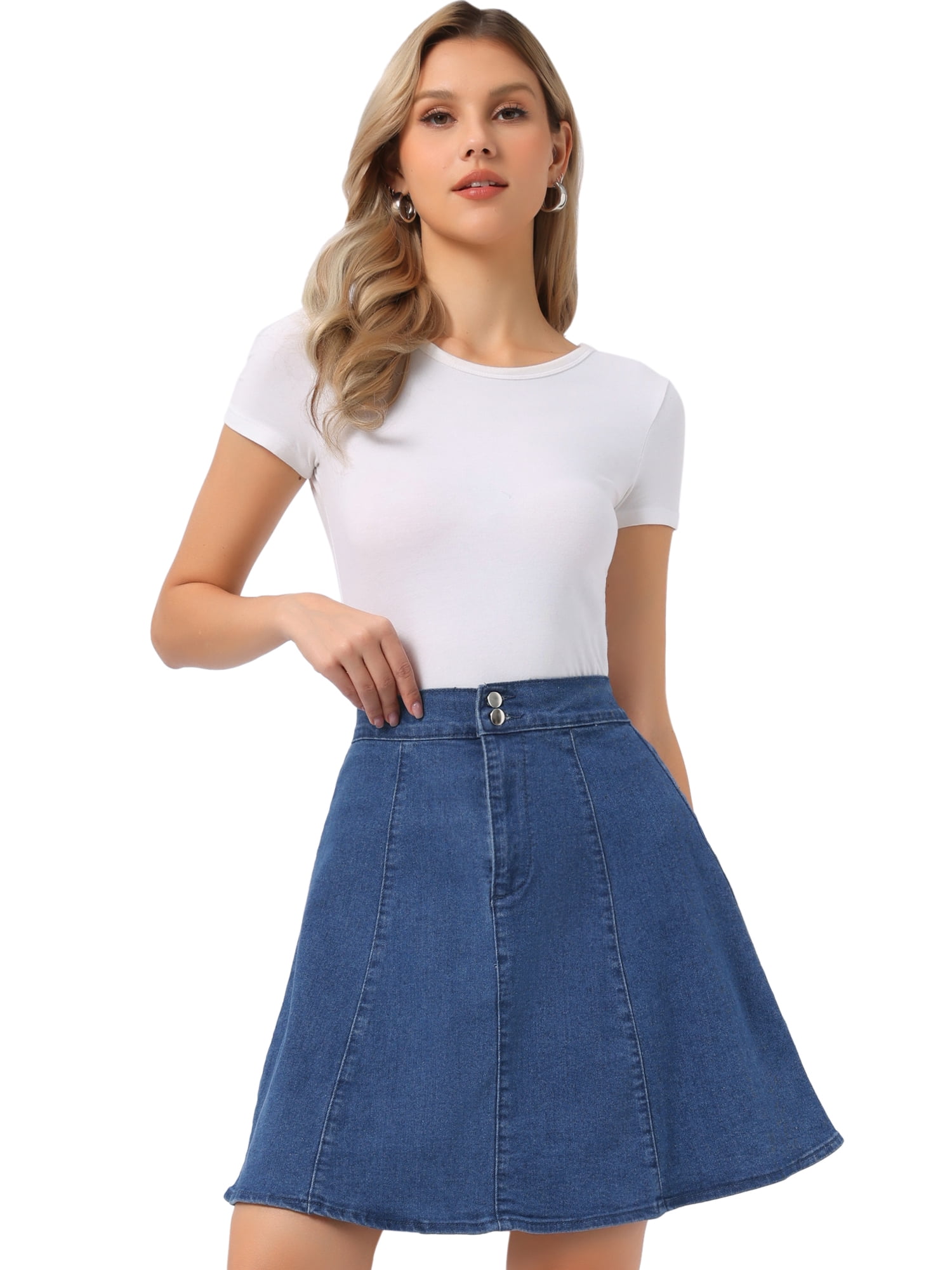 DARING DIVA Women's High Waist Stretch Knee Length Flared Jean Skirts S Denim Blue