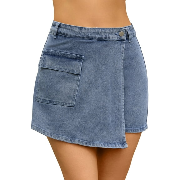 DARING DIVA Women's High Waist Western Asymmetrical Denim Cargo Skirt 2XL Blue