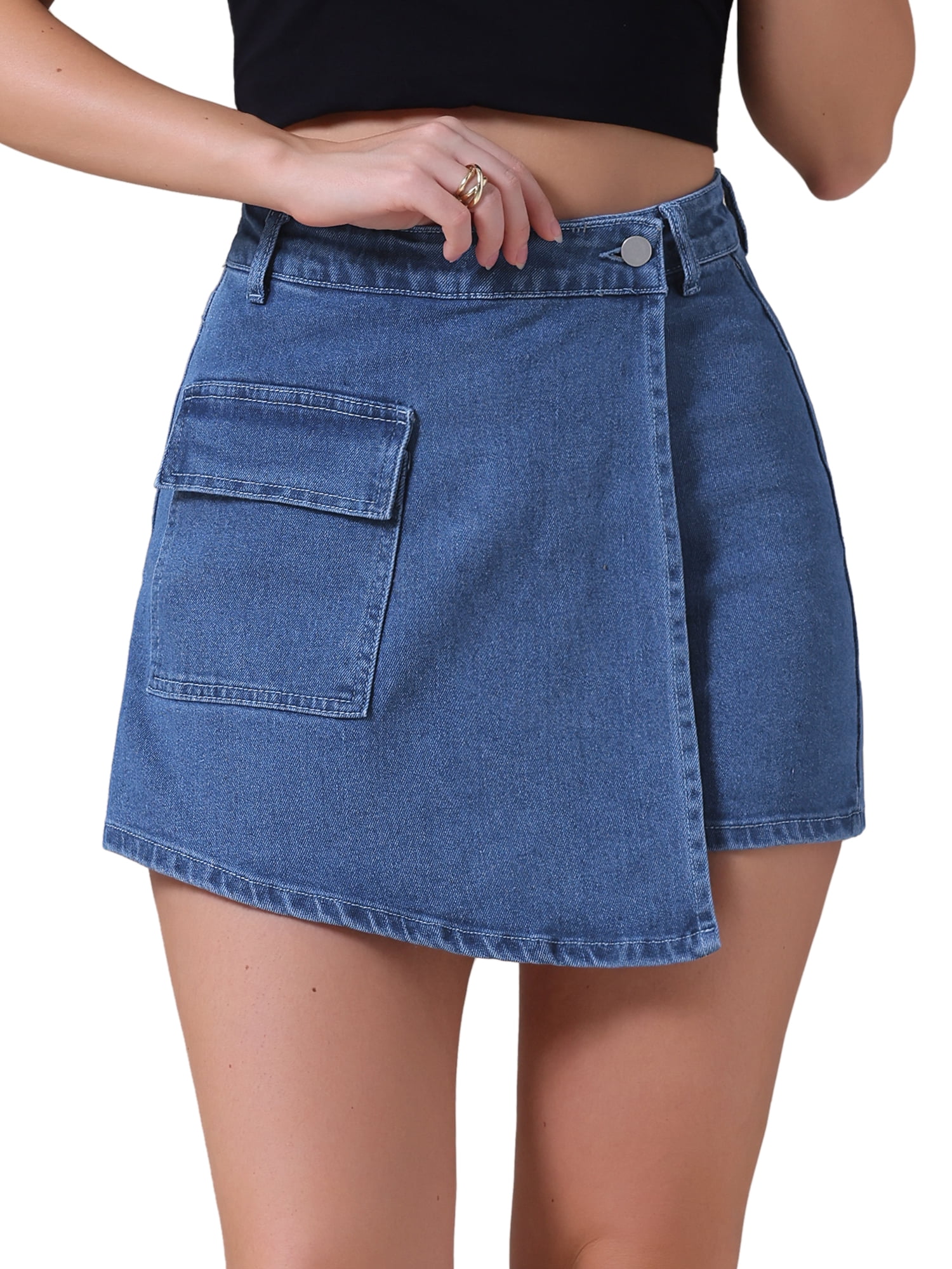 DARING DIVA Women's High Waist Western Asymmetrical Denim Cargo Skirt S Dark Blue