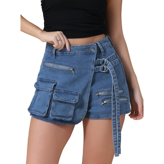 DARING DIVA Women's High Waist Western Asymmetrical Denim Cargo Skirt Shorts 2XL Blue