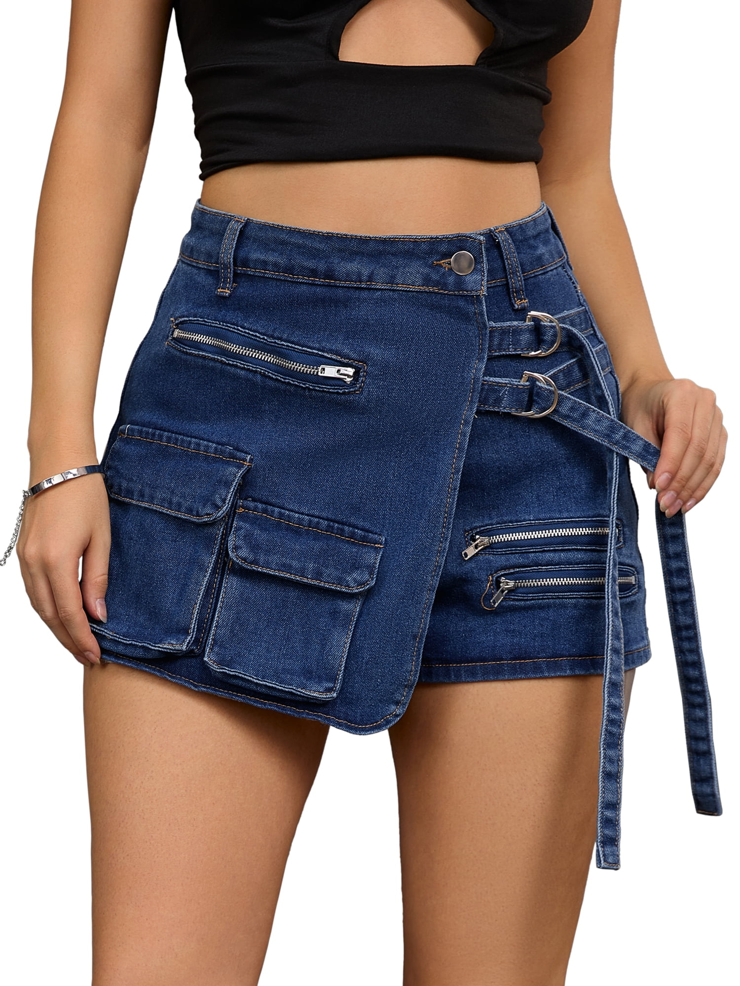 DARING DIVA Women's High Waist Western Asymmetrical Denim Cargo Skirt Shorts 2XL Dark Blue