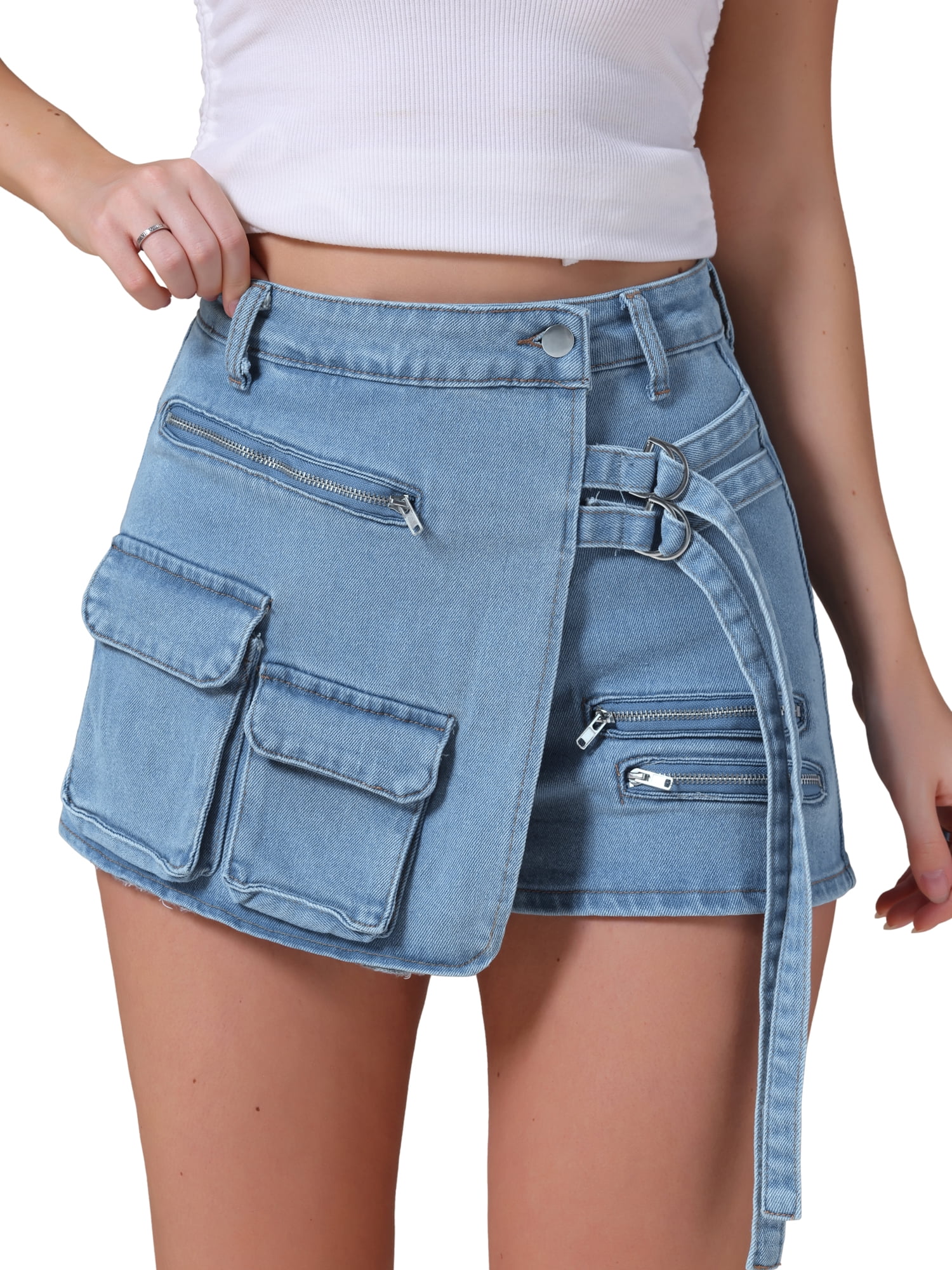 DARING DIVA Women's High Waist Western Asymmetrical Denim Cargo Skirt Shorts M Blue Grey