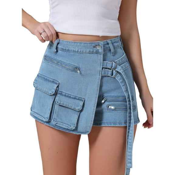 DARING DIVA Women's High Waist Western Asymmetrical Denim Cargo Skirt Shorts S Blue Grey