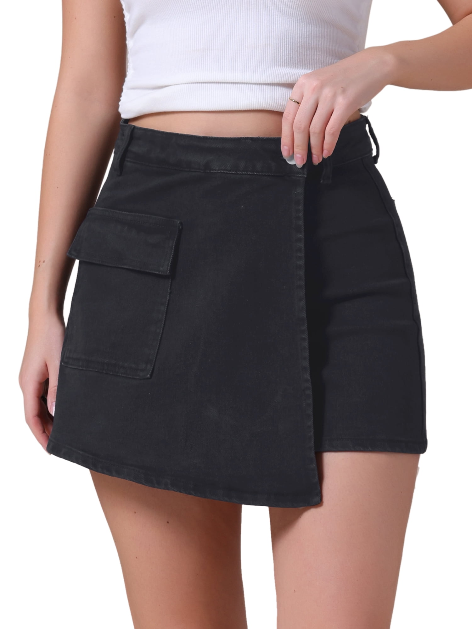 DARING DIVA Women's High Waist Western Asymmetrical Denim Cargo Skirt XL Black