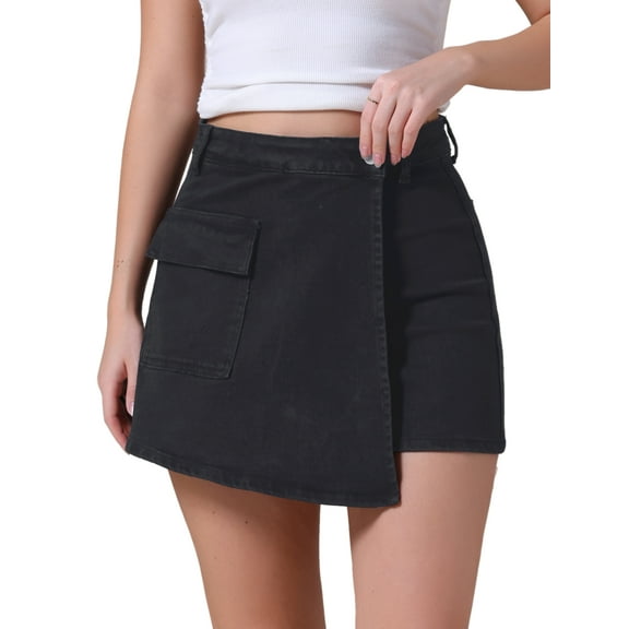 DARING DIVA Women's High Waist Western Asymmetrical Denim Cargo Skirt XL Black
