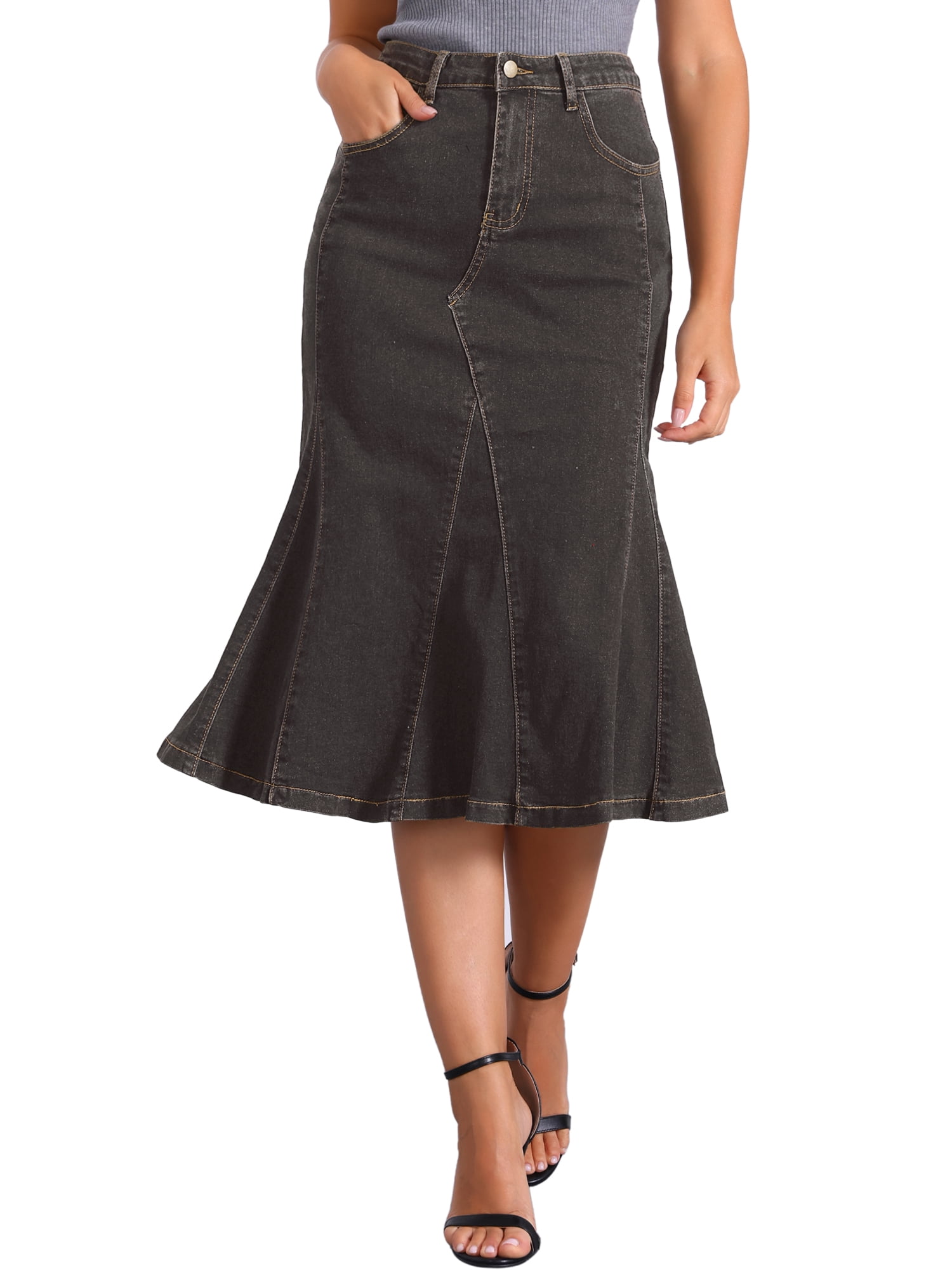 DARING DIVA Women's High Waisted A-Line Flared Midi Casual Denim Skirt L Dark Grey