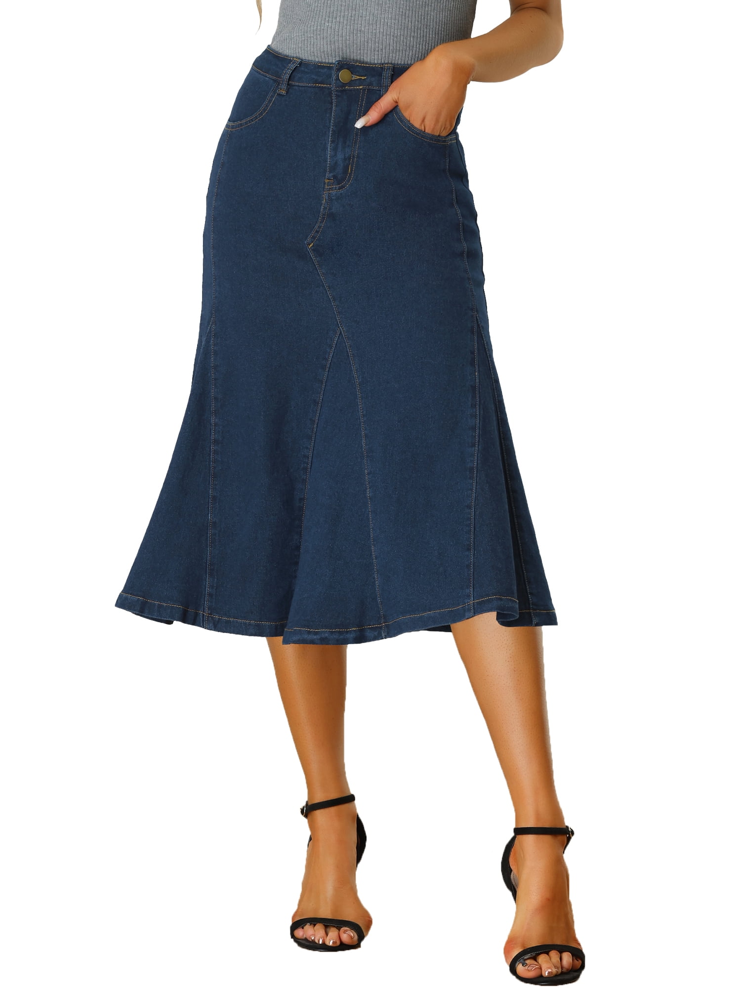 DARING DIVA Women's High Waisted A-Line Flared Midi Casual Denim Skirt M Dark Blue