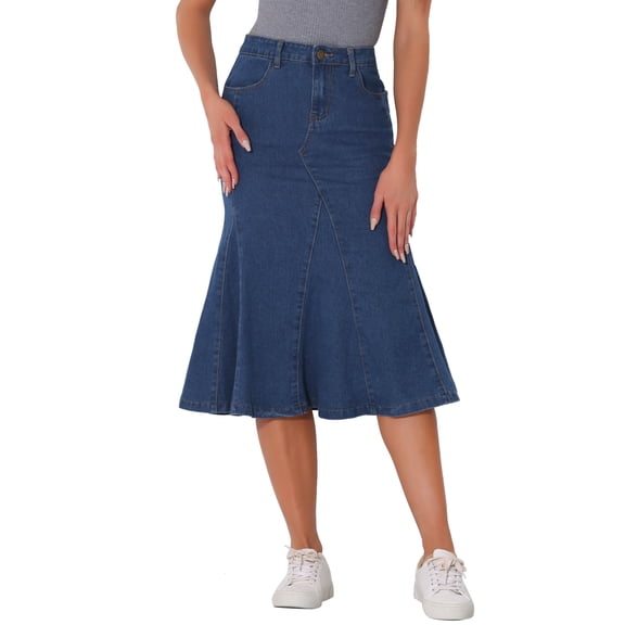 DARING DIVA Women's High Waisted A-Line Flared Midi Casual Denim Skirt M Medium Blue