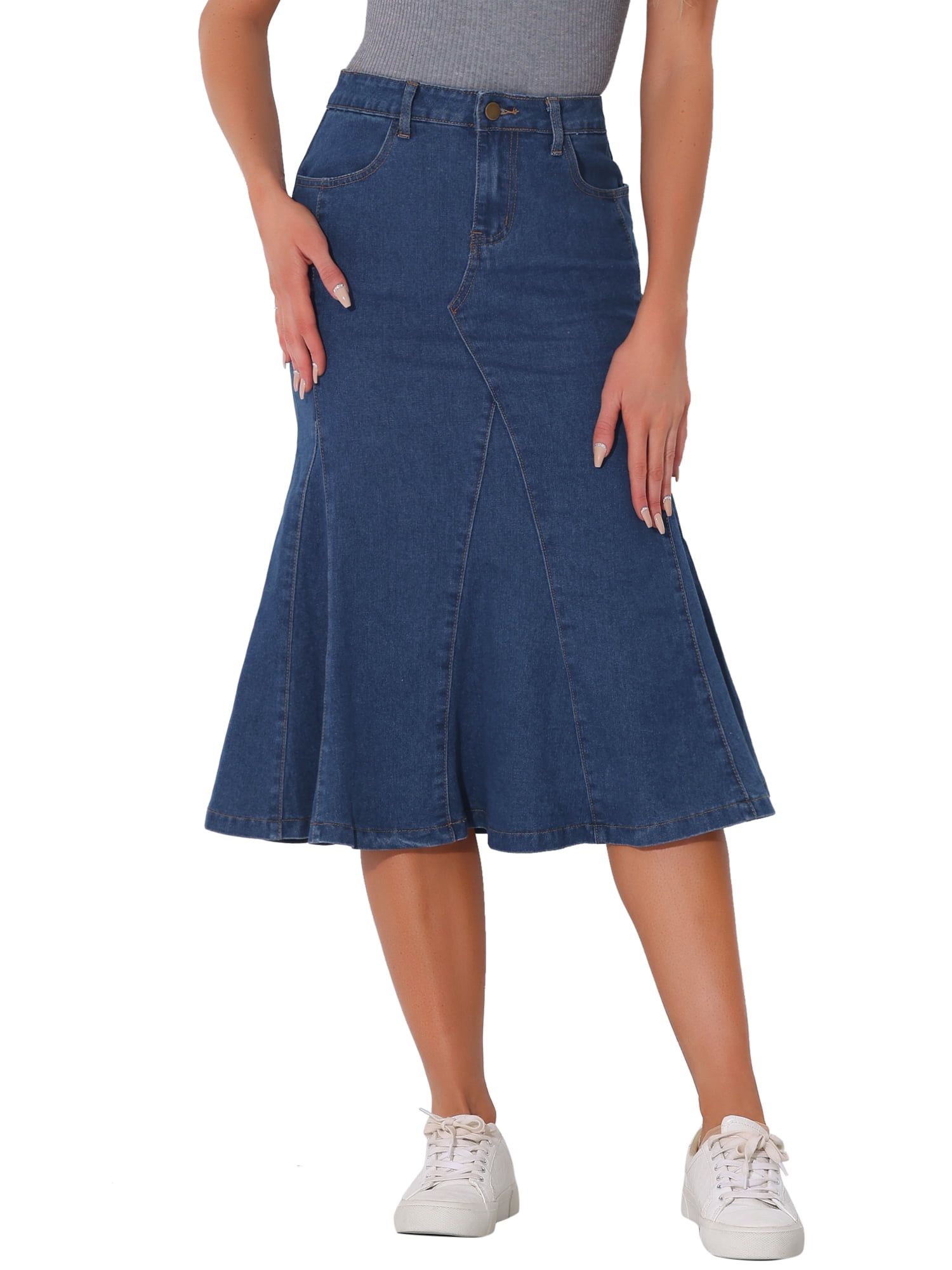 DARING DIVA Women's High Waisted A-Line Flared Midi Casual Denim Skirt S Medium Blue