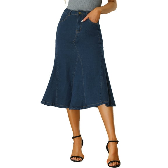 DARING DIVA Women's High Waisted A-Line Flared Midi Casual Denim Skirt XS Dark Blue