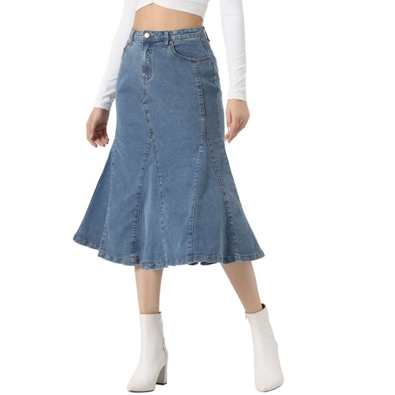 DARING DIVA Women's High Waisted A-Line Flared Midi Denim Skirt M Blue