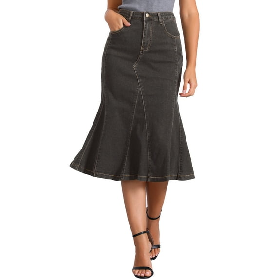 DARING DIVA Women's High Waisted A-Line Flared Midi Denim Skirt XL Dark Grey