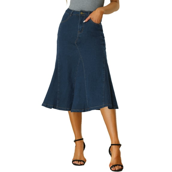 DARING DIVA Women's High Waisted A-Line Flared Midi Denim Skirt XS Dark Blue