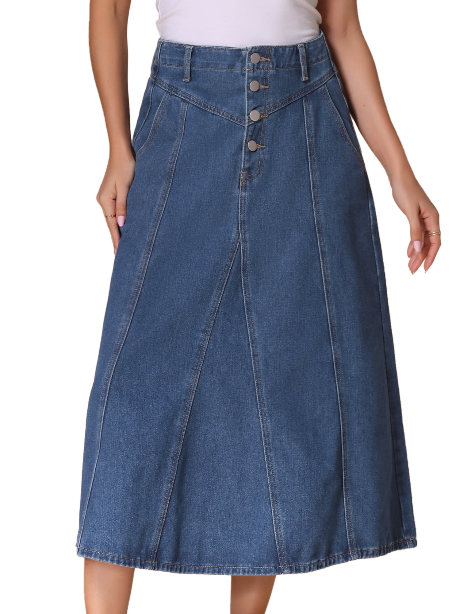 DARING DIVA Women's High Waisted A-Line Frayed Midi Skirt with Pockets M Blue