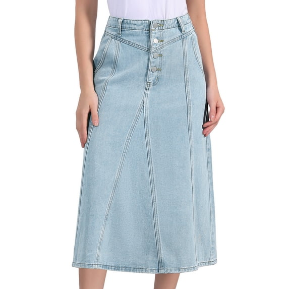DARING DIVA Women's High Waisted A-Line Frayed Midi Skirt with Pockets M Light Blue