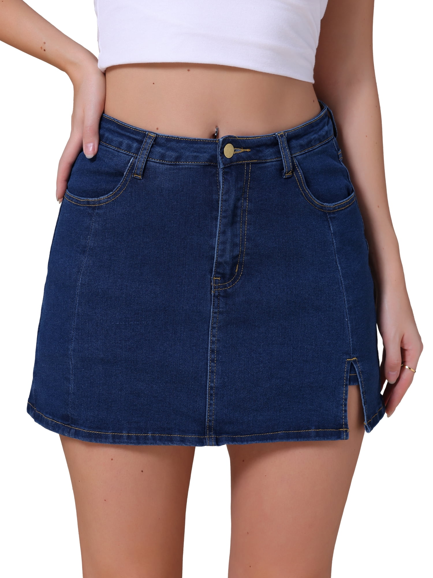 DARING DIVA Women's High Waisted A Line Stretchy Side Slit Mini Denim Skirt S Dark Blue