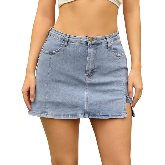 DARING DIVA Women's High Waisted A Line Stretchy Side Slit Mini Denim Skirt XL Light Blue