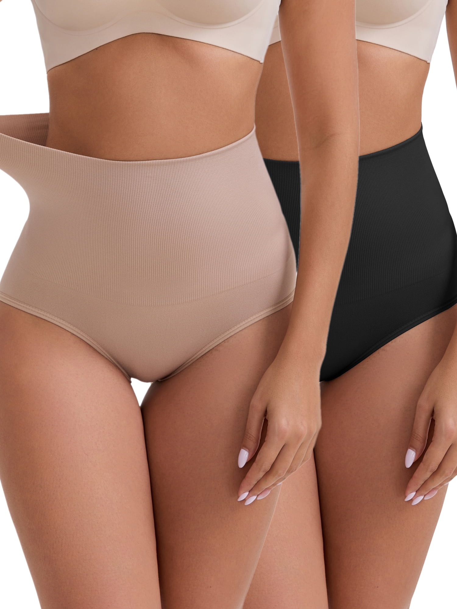 DARING DIVA Women's High-Waisted Butt Lifting Underwear 2 Pack Set L Black, Beige