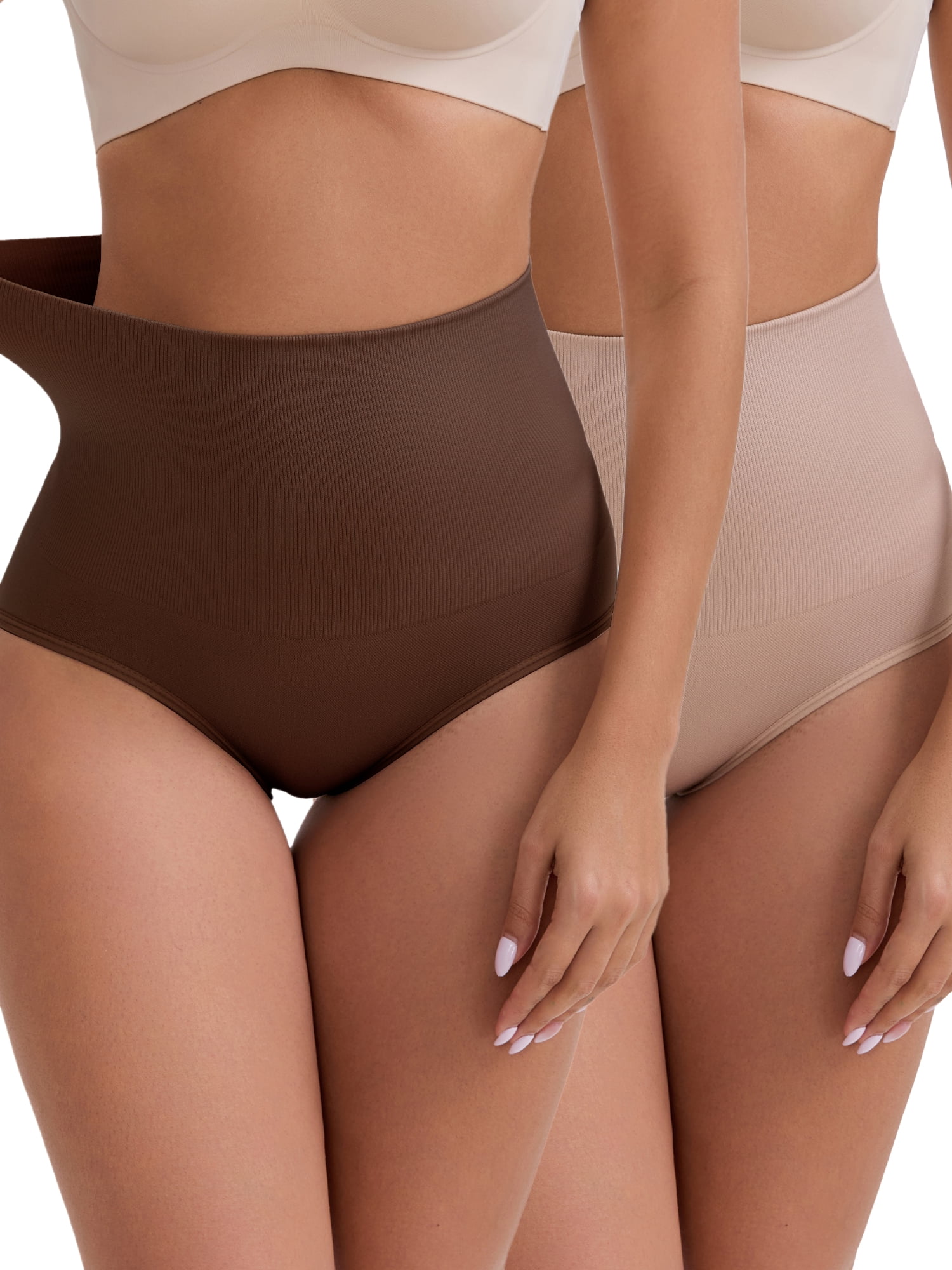 DARING DIVA Women's High-Waisted Butt Lifting Underwear 2 Pack Set M Beige, Brown