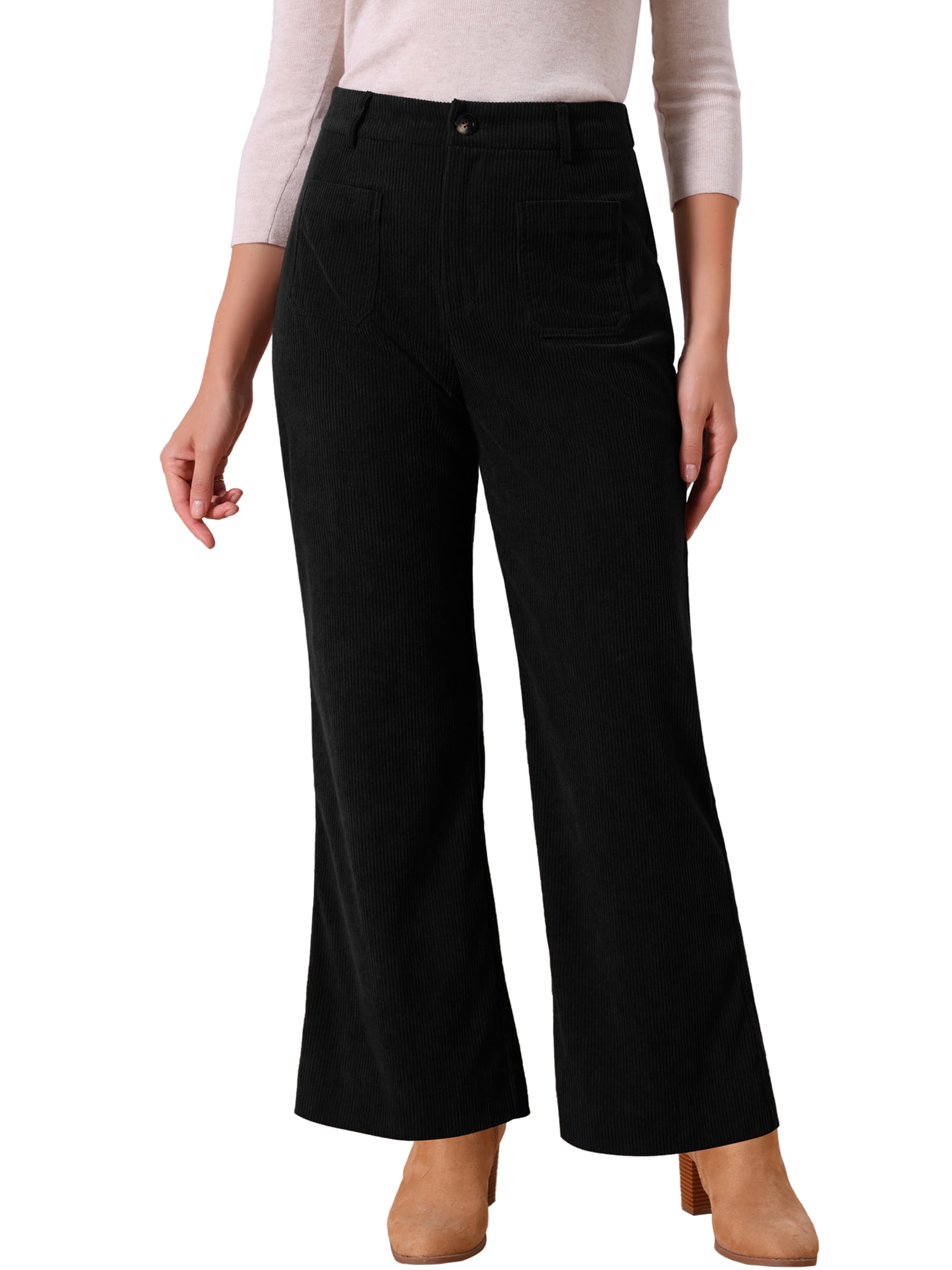 DARING DIVA Women's High Waisted Corduroy Wide Leg Pants with Pockets XL Black