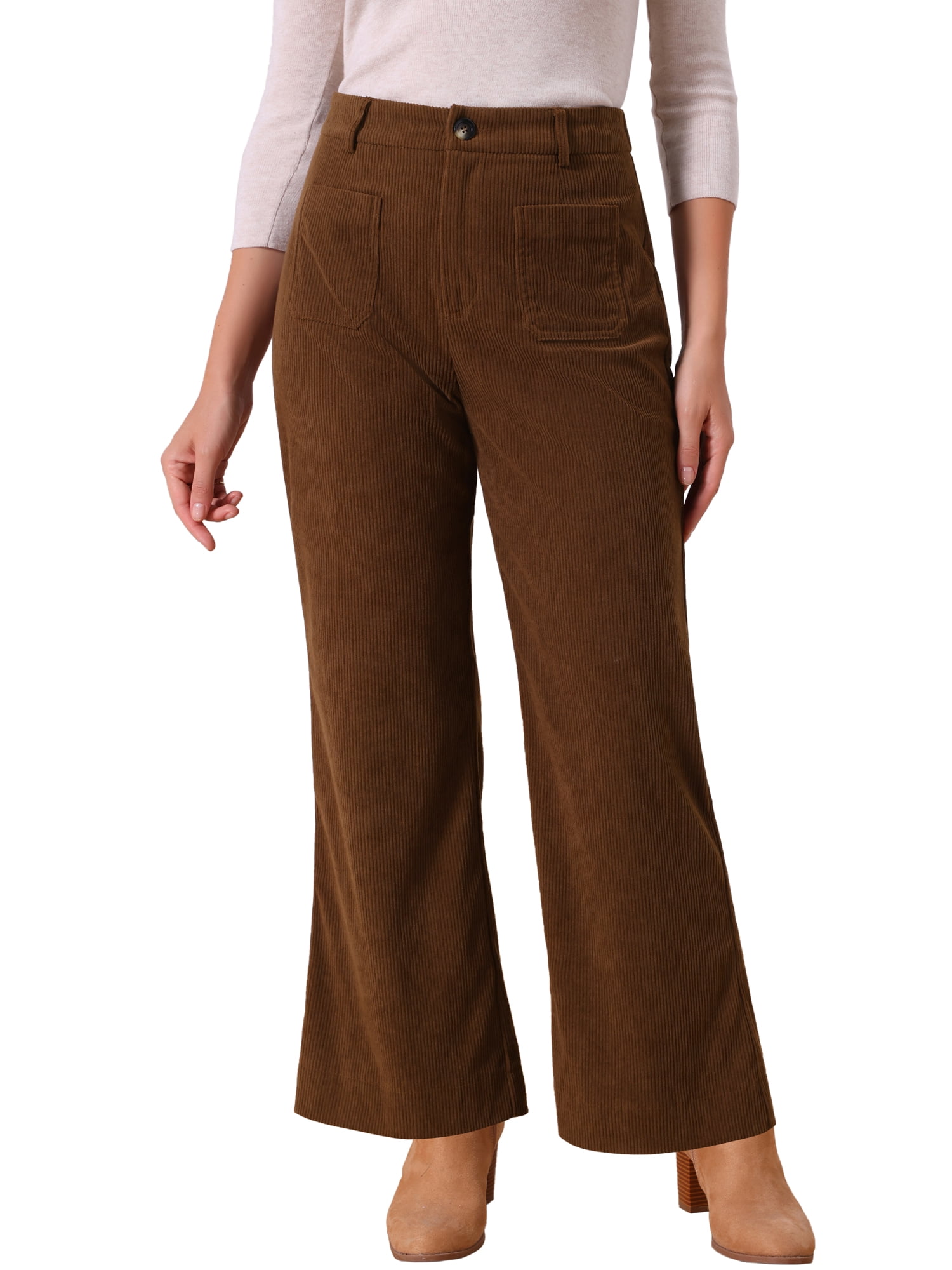 DARING DIVA Women's High Waisted Corduroy Wide Leg Pants with Pockets XL Dark Brown