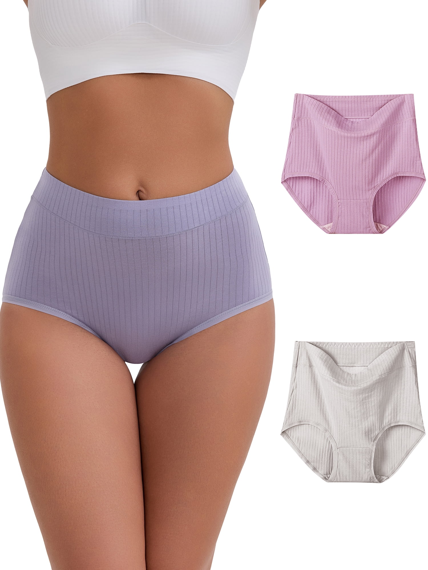 DARING DIVA Women's High-Waisted Cotton Underwear Briefs 3 Pcs L Purple, Pink, Gray