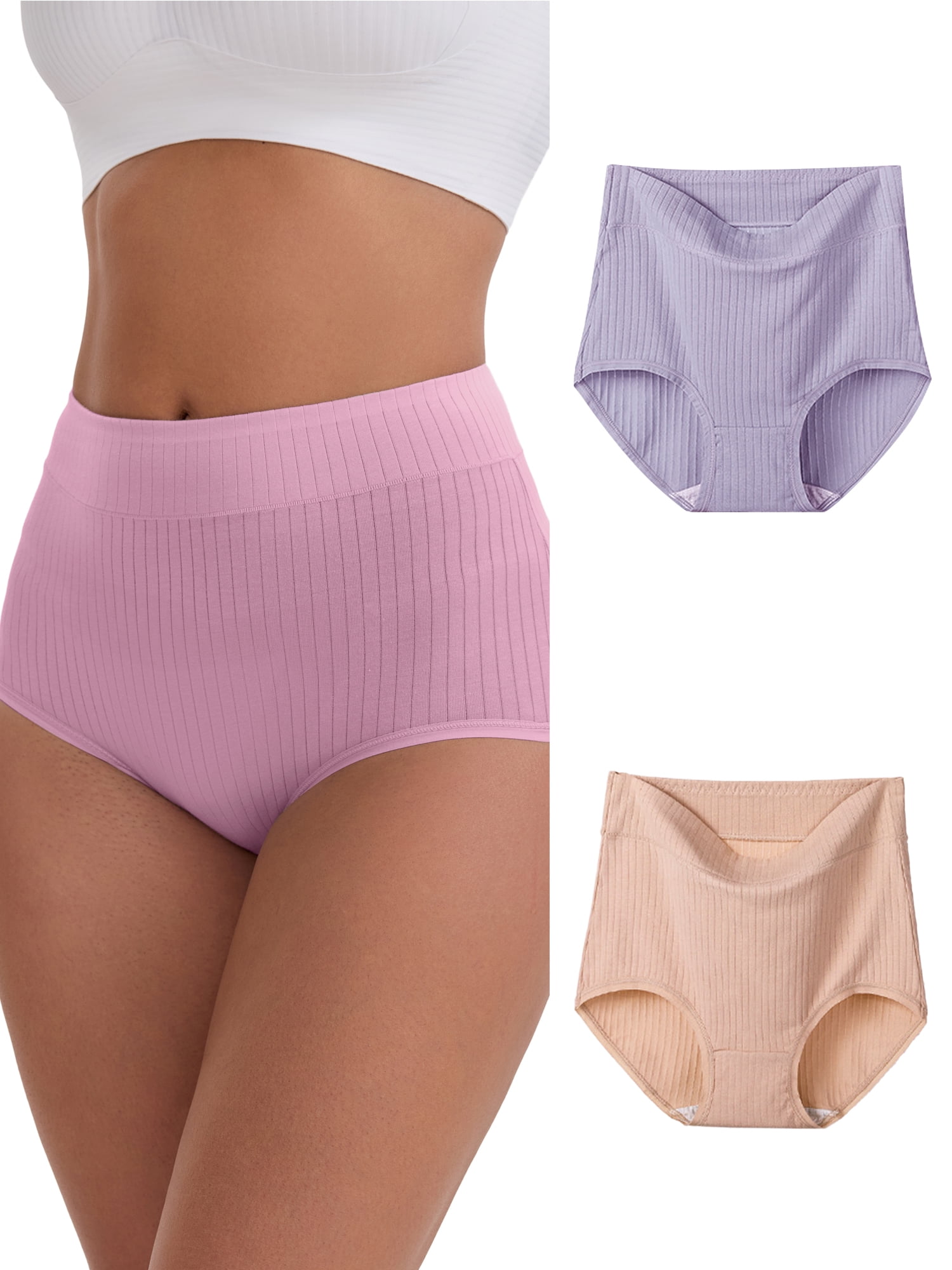DARING DIVA Women's High-Waisted Cotton Underwear Briefs 3 Pcs L Purple, Pink, Light Pink