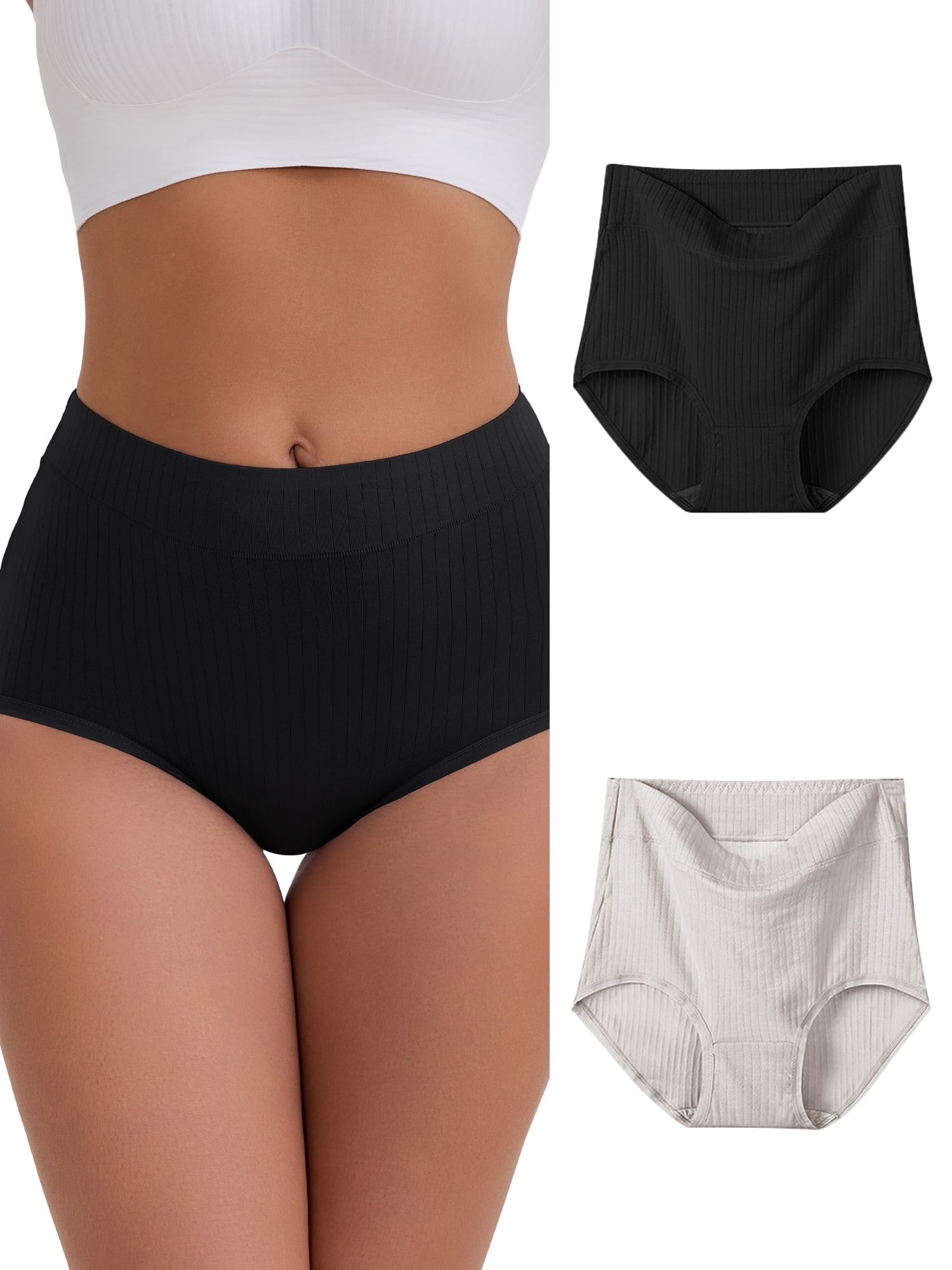 DARING DIVA Women's High-Waisted Cotton Underwear Briefs 3 Pcs M Black, Gray