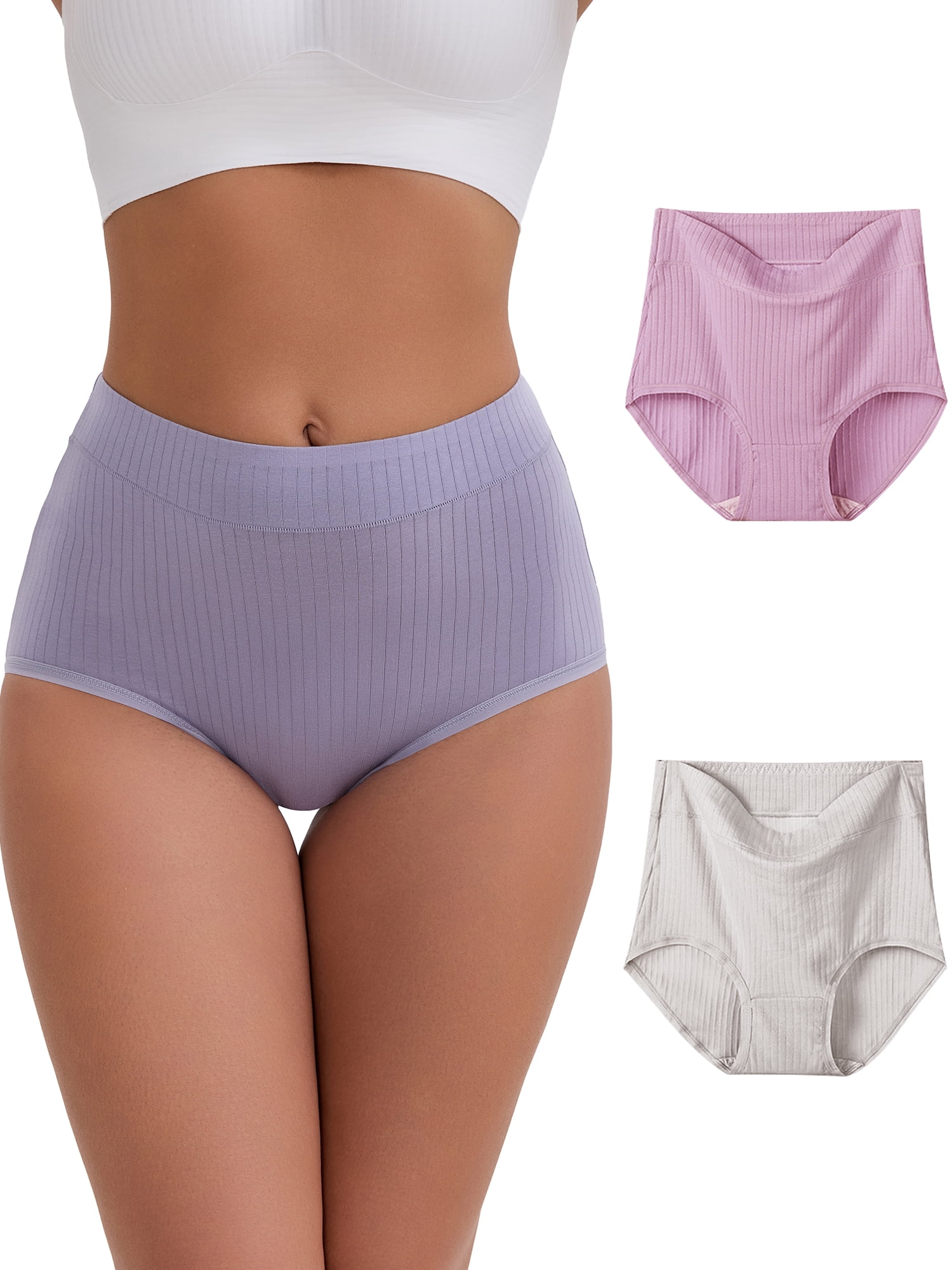 DARING DIVA Women's High-Waisted Cotton Underwear Briefs 3 Pcs M Purple, Pink, Gray