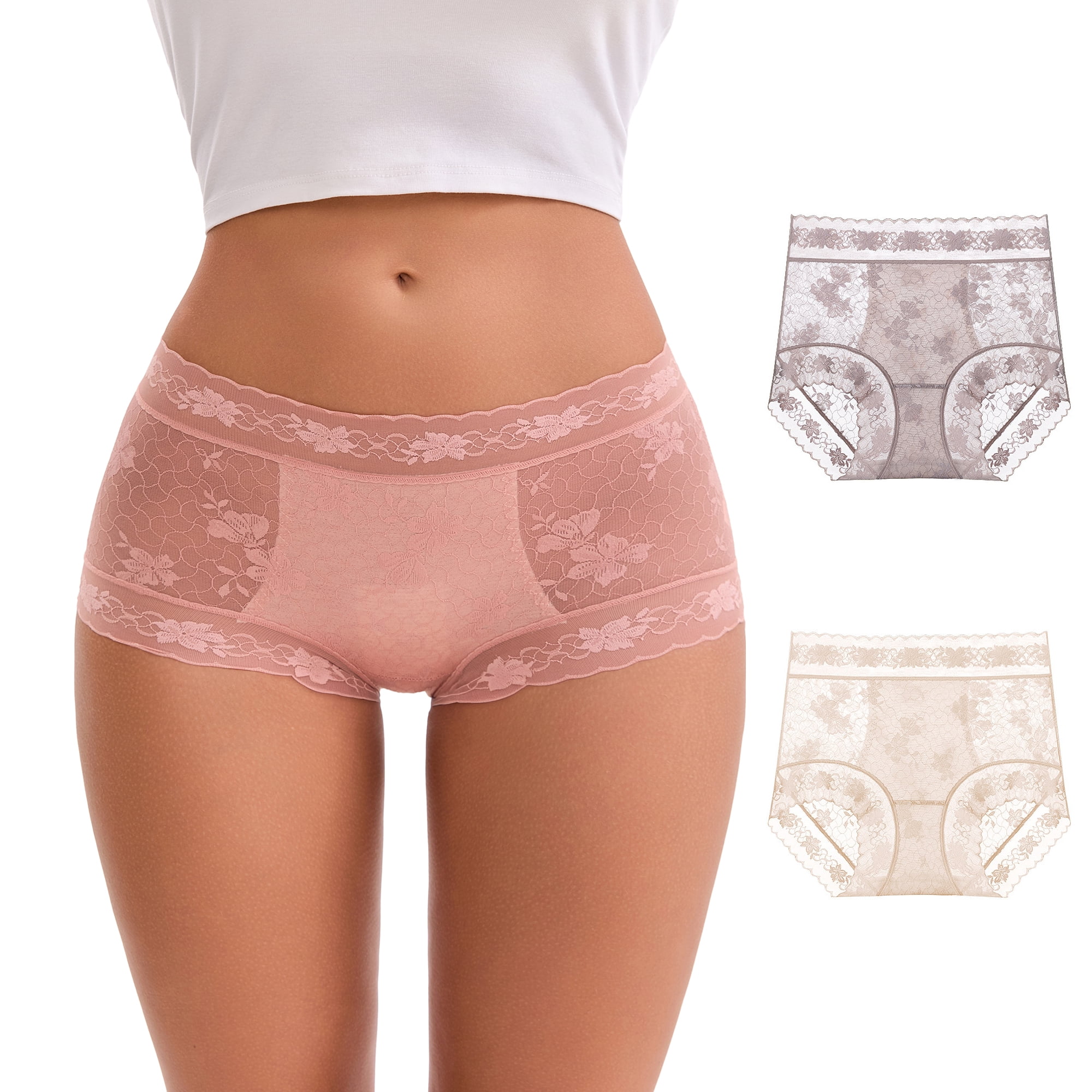 DARING DIVA Women's High-Waisted Extended Crotch Panties 3 Pcs M Pink, Gray, Beige