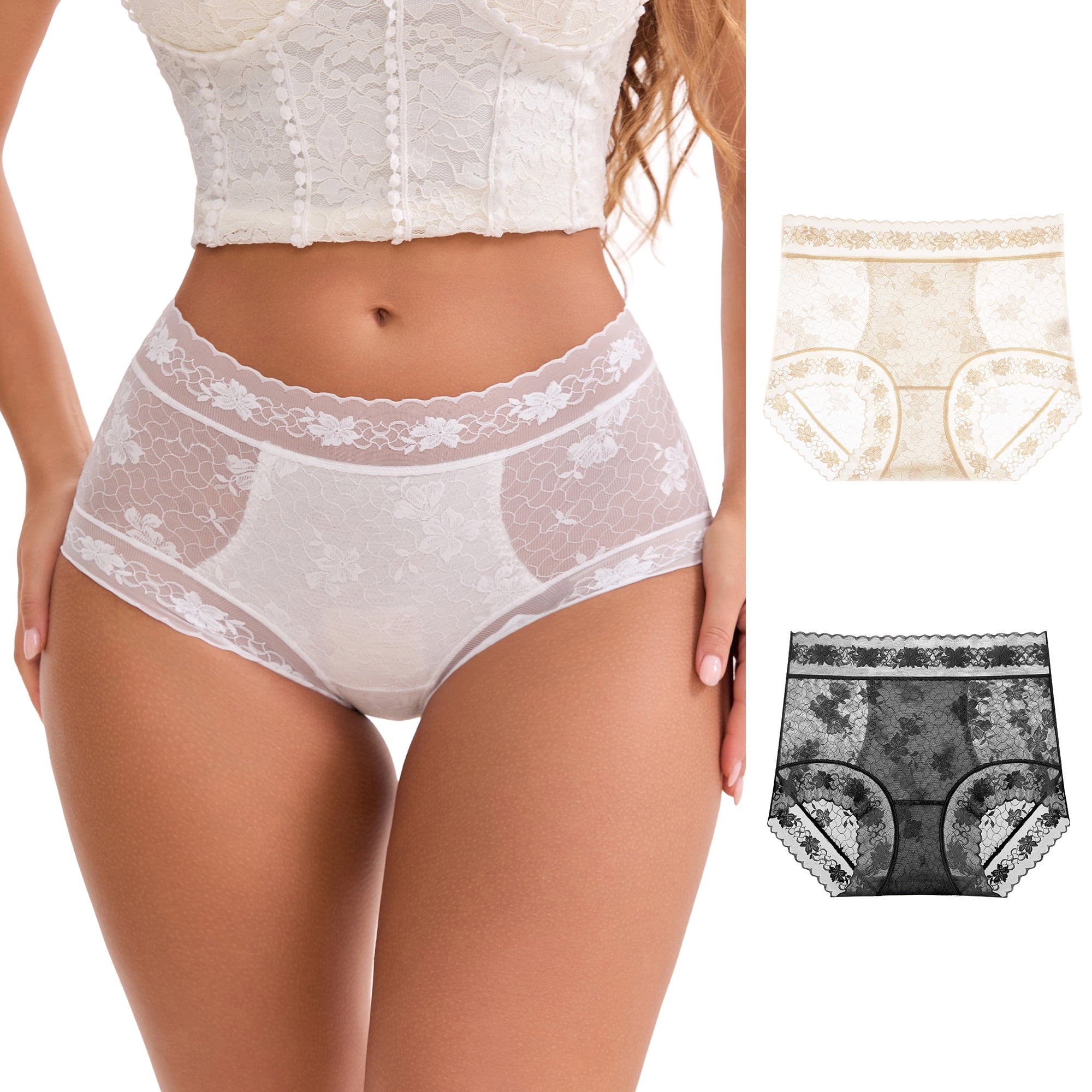 DARING DIVA Women's High-Waisted Extended Crotch Panties 3 Pcs S Black, Beige, White