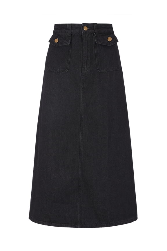 Women's High Waisted Flap Pocket A-Line Vintage Denim Maxi Skirt L Black