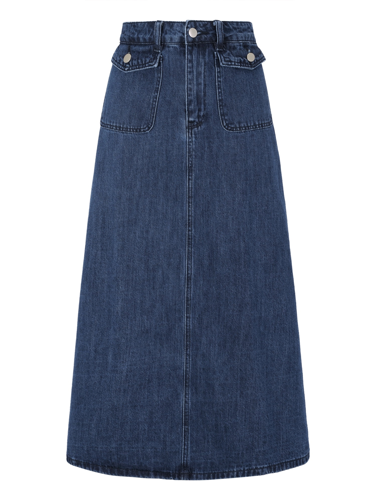 DARING DIVA Women's High Waisted Flap Pocket A-Line Vintage Denim Maxi Skirt M Dark Blue