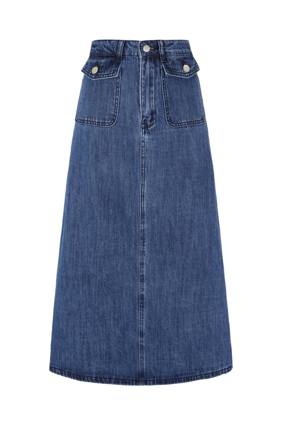 Women's High Waisted Flap Pocket A-Line Vintage Denim Maxi Skirt S Mid-Blue
