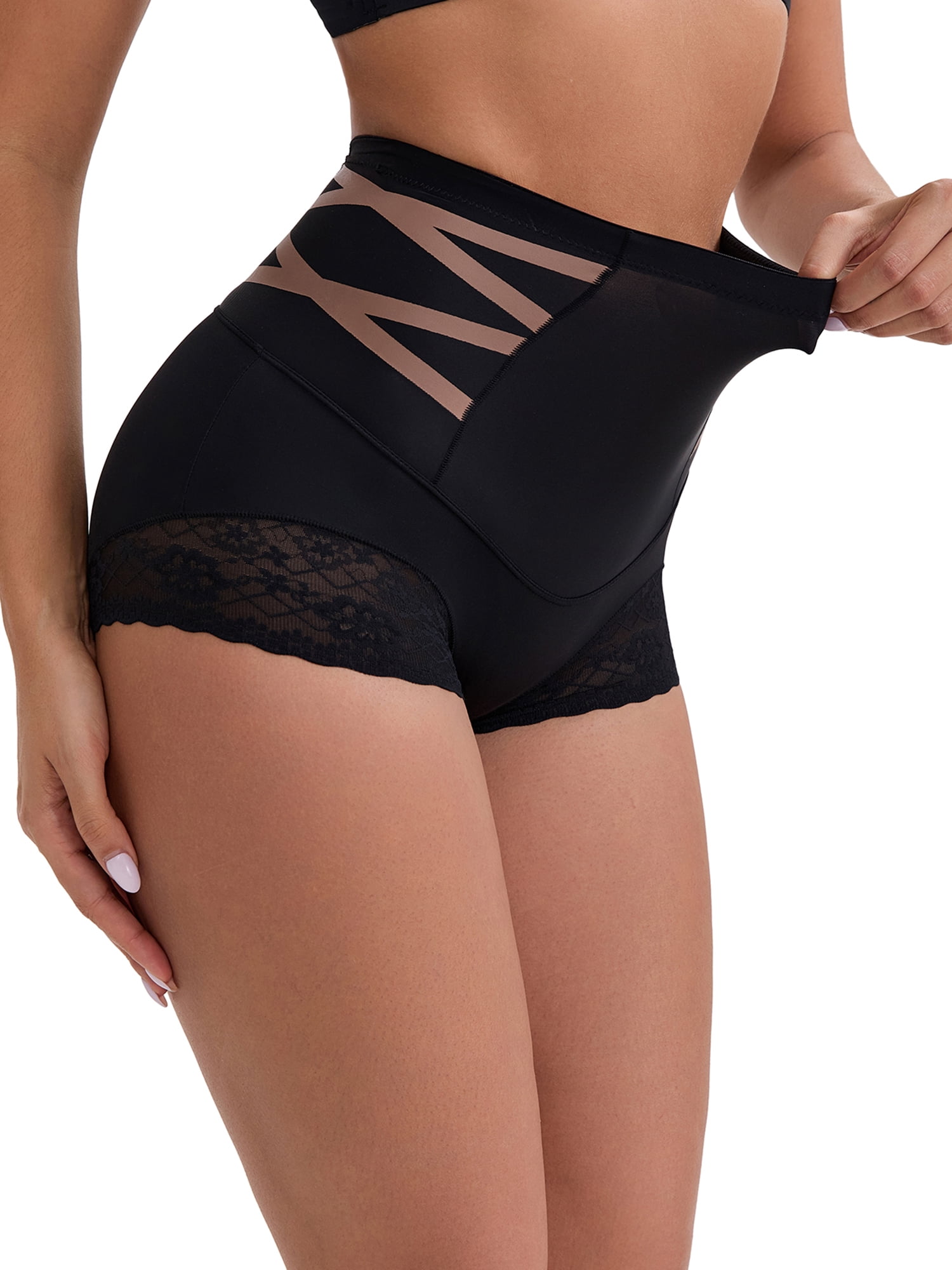 DARING DIVA Women's High-Waisted Tummy Control Briefs Lace Trim M Black