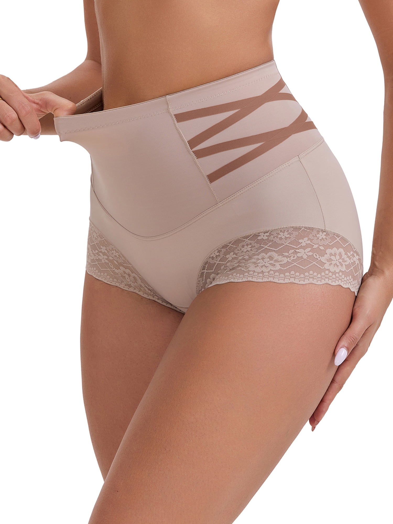 DARING DIVA Women's High-Waisted Tummy Control Briefs Lace Trim M Light Brown