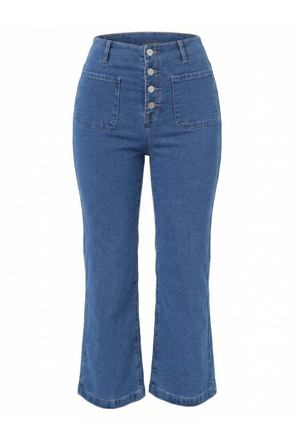 Women's High Waisted Tummy Control Cropped Straight Leg Jeans L Blue