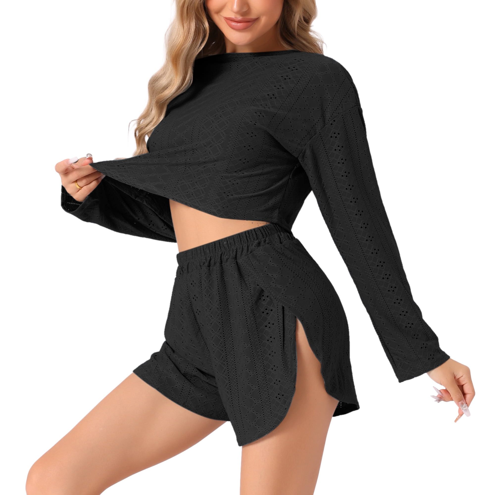 DARING DIVA Women's Hollow Out Tops with Slit Shorts Pajamas Sets L Black