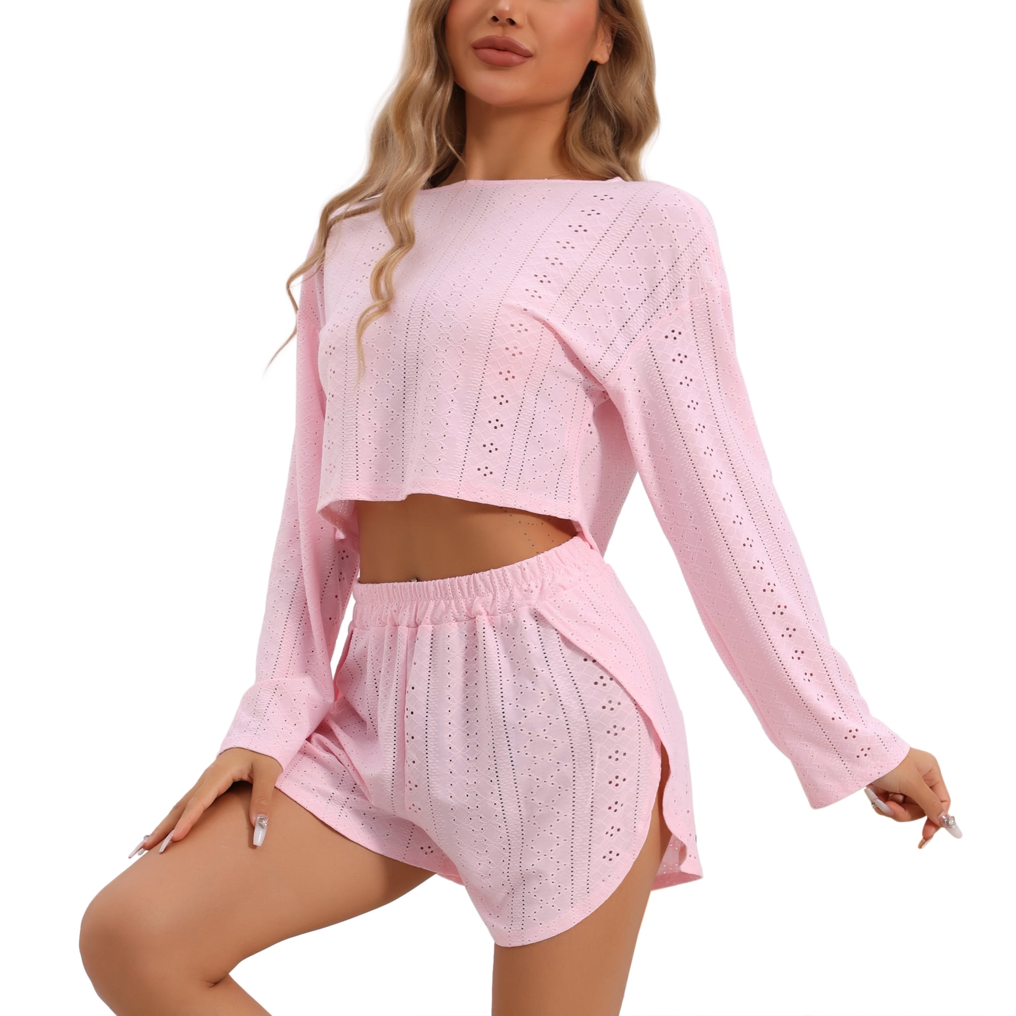 DARING DIVA Women's Hollow Out Tops with Slit Shorts Pajamas Sets XL Pink