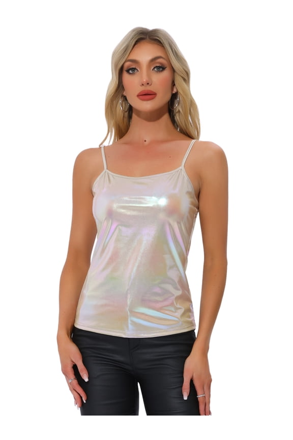 Women's Holographic Metallic Spaghetti Straps Cami Top M Beige Holographic